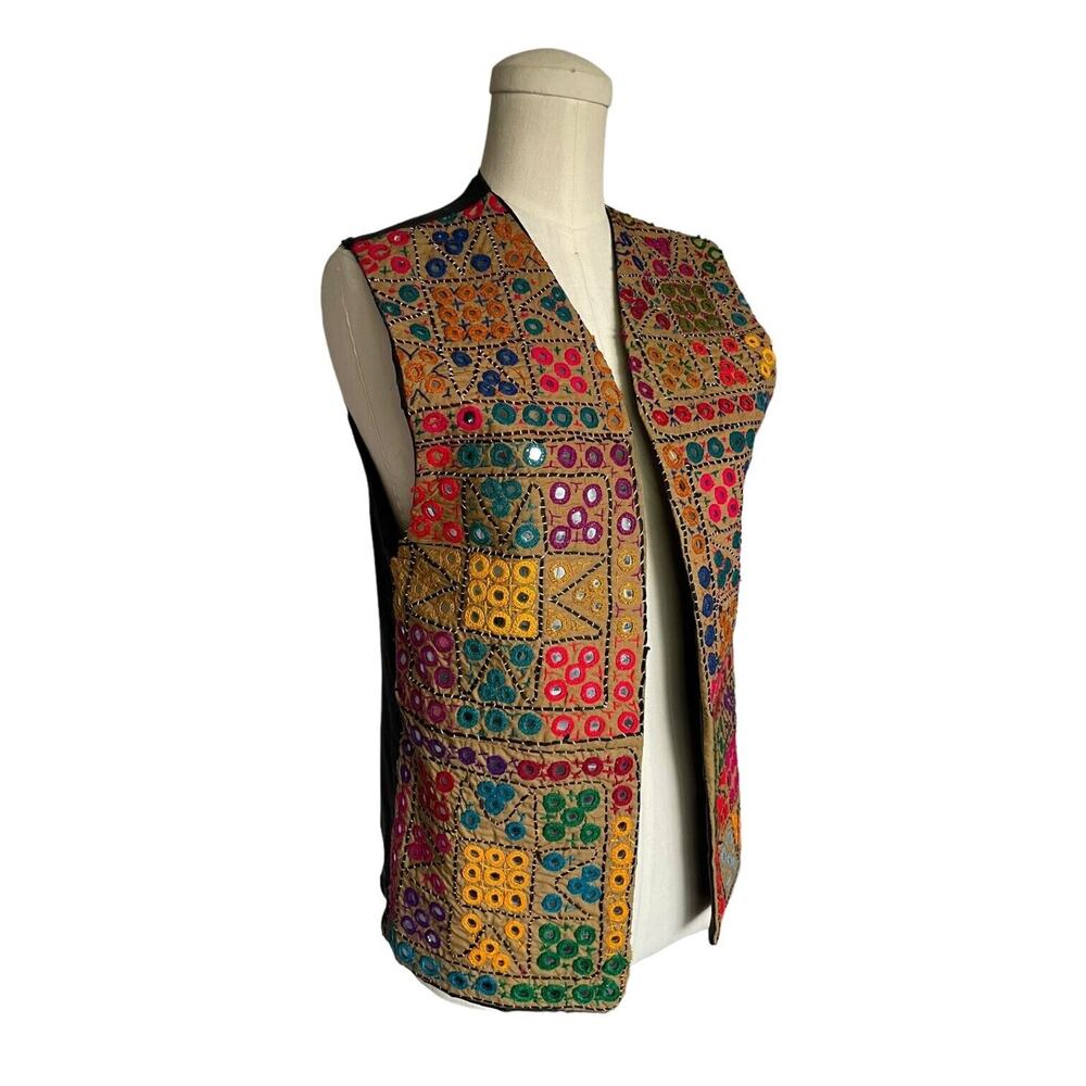 Vintage Multicolor Ethnic Look Mirror Work Embroidered Colorful Brown Black Back - Picture 1 of 7